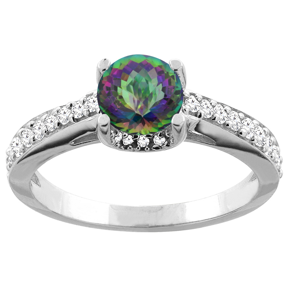 10K White/Yellow Gold Natural Mystic Topaz Ring Round 6mm Diamond Accents 1/4 inch wide, sizes 5 - 10