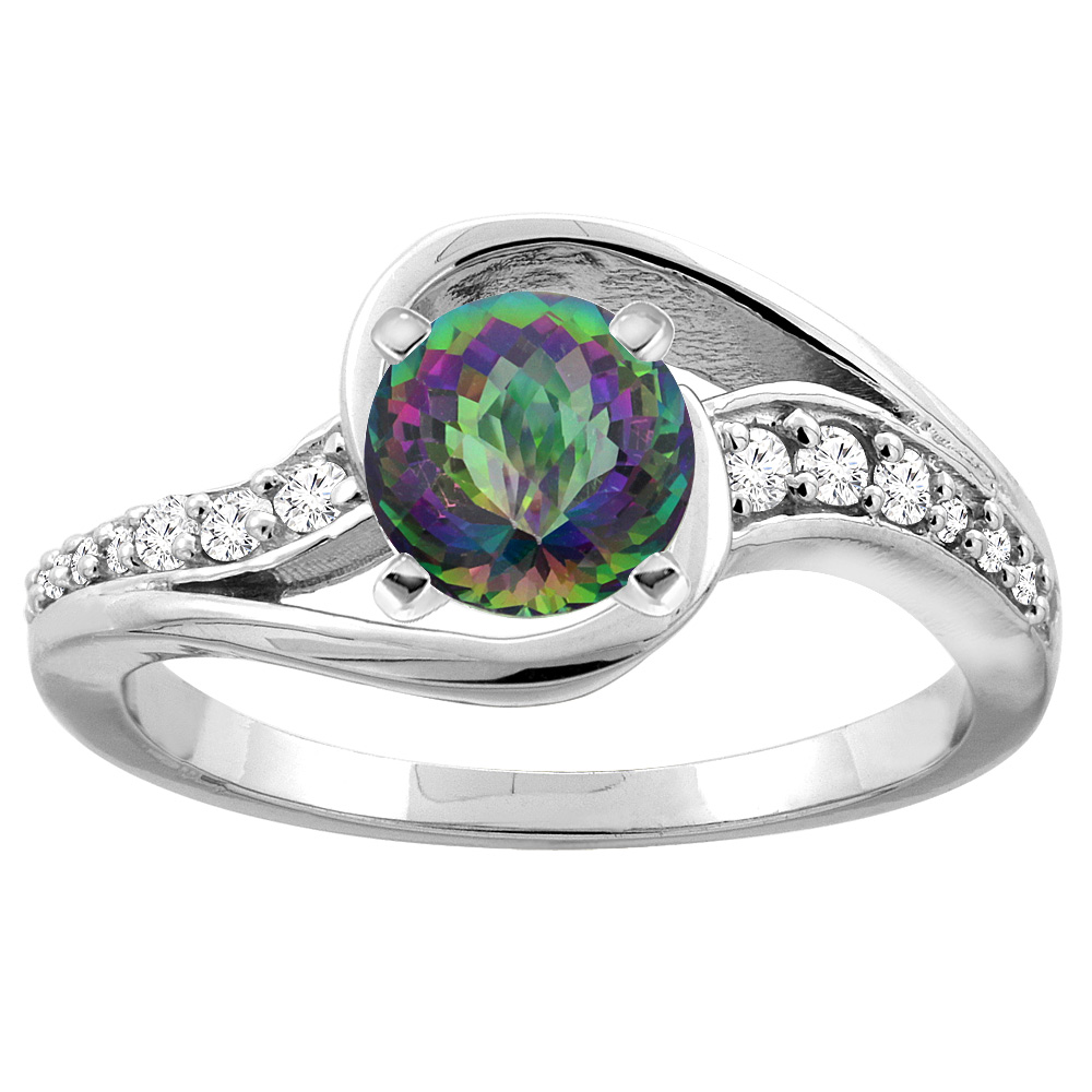 10K White/Yellow Gold Natural Mystic Topaz Bypass Ring Round 6mm Diamond Accent, sizes 5 - 10