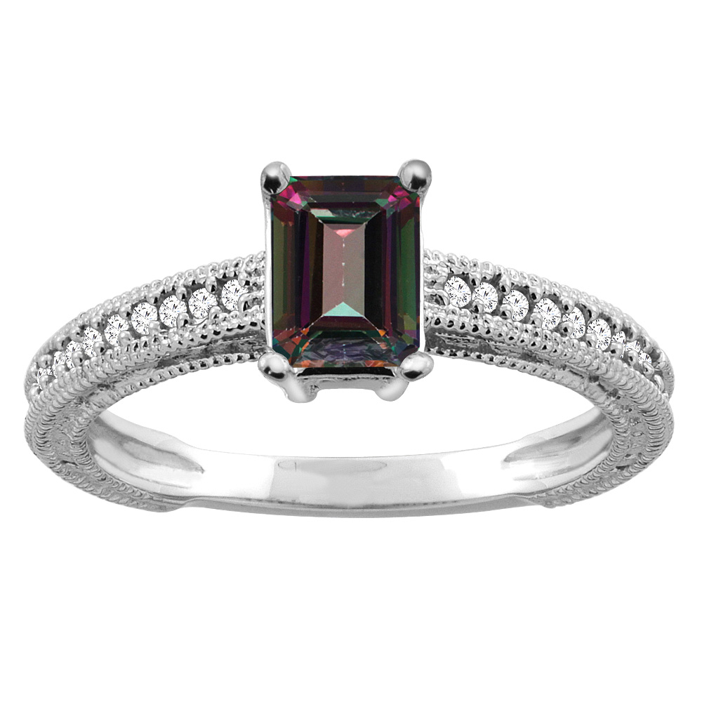 14K Gold Natural Mystic Topaz Engagement Ring Octagon 8x6mm Diamond Accents, sizes 5 - 10