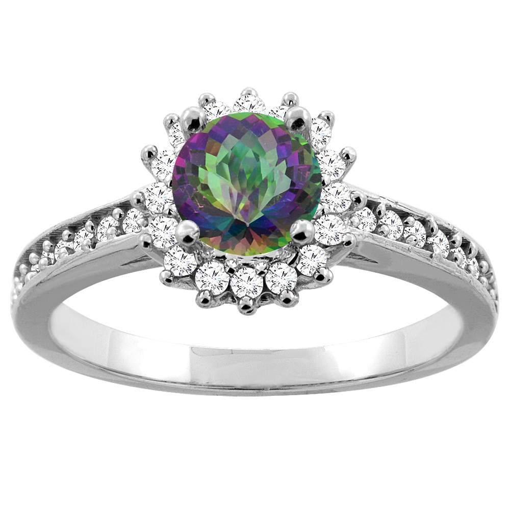 14K Gold Natural Mystic Topaz Floral Halo Diamond Engagement Ring Round 6mm, sizes 5 - 10