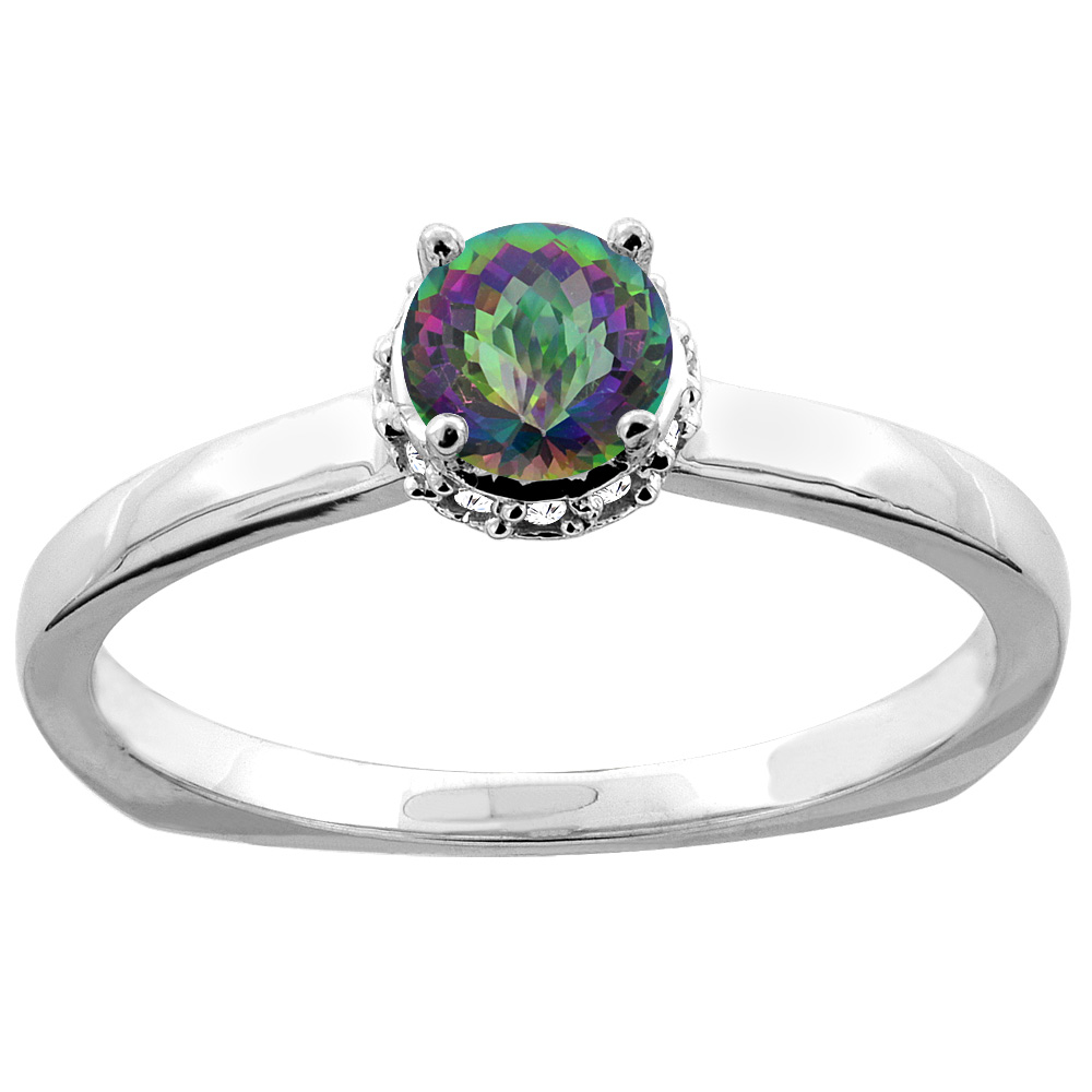 14K Gold Natural Mystic Topaz Solitaire Engagement Ring Round 4mm Diamond Accents, sizes 5 - 10