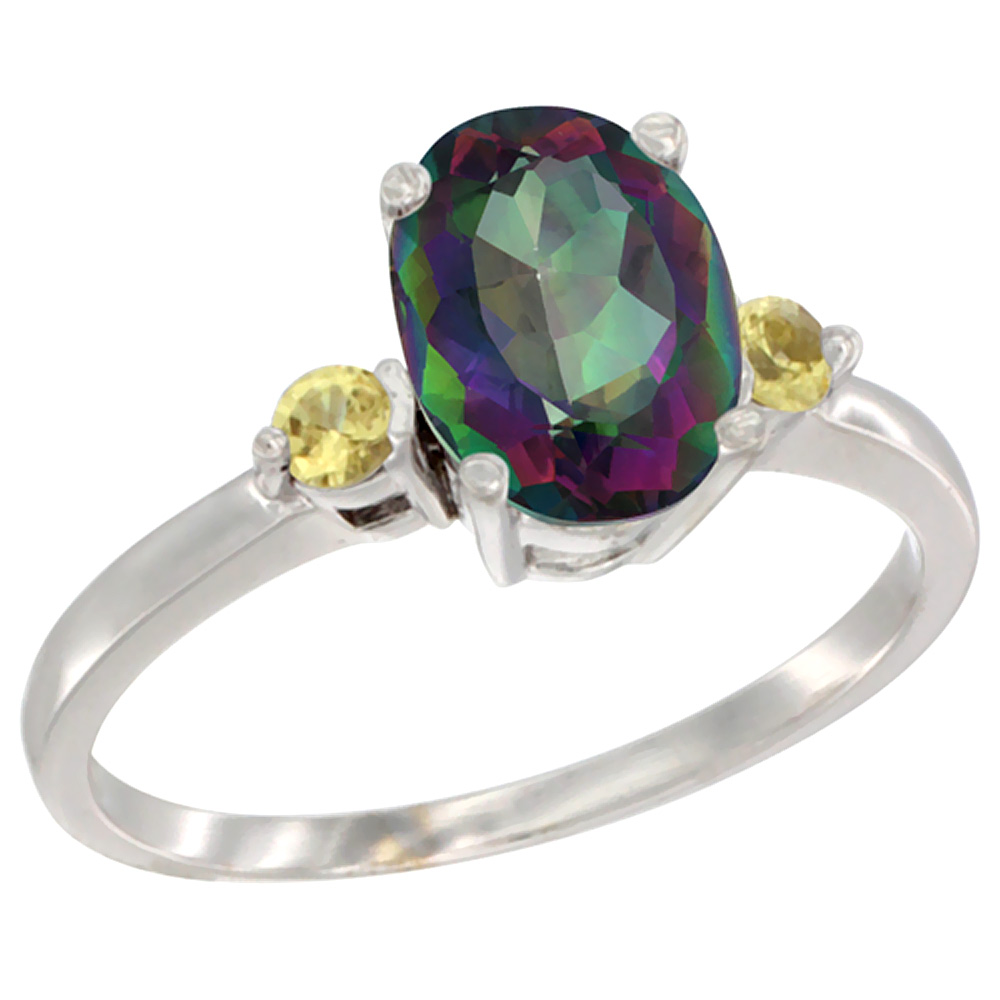 10K White Gold Natural Mystic Topaz Ring Oval 9x7 mm Yellow Sapphire Accent, sizes 5 to 10