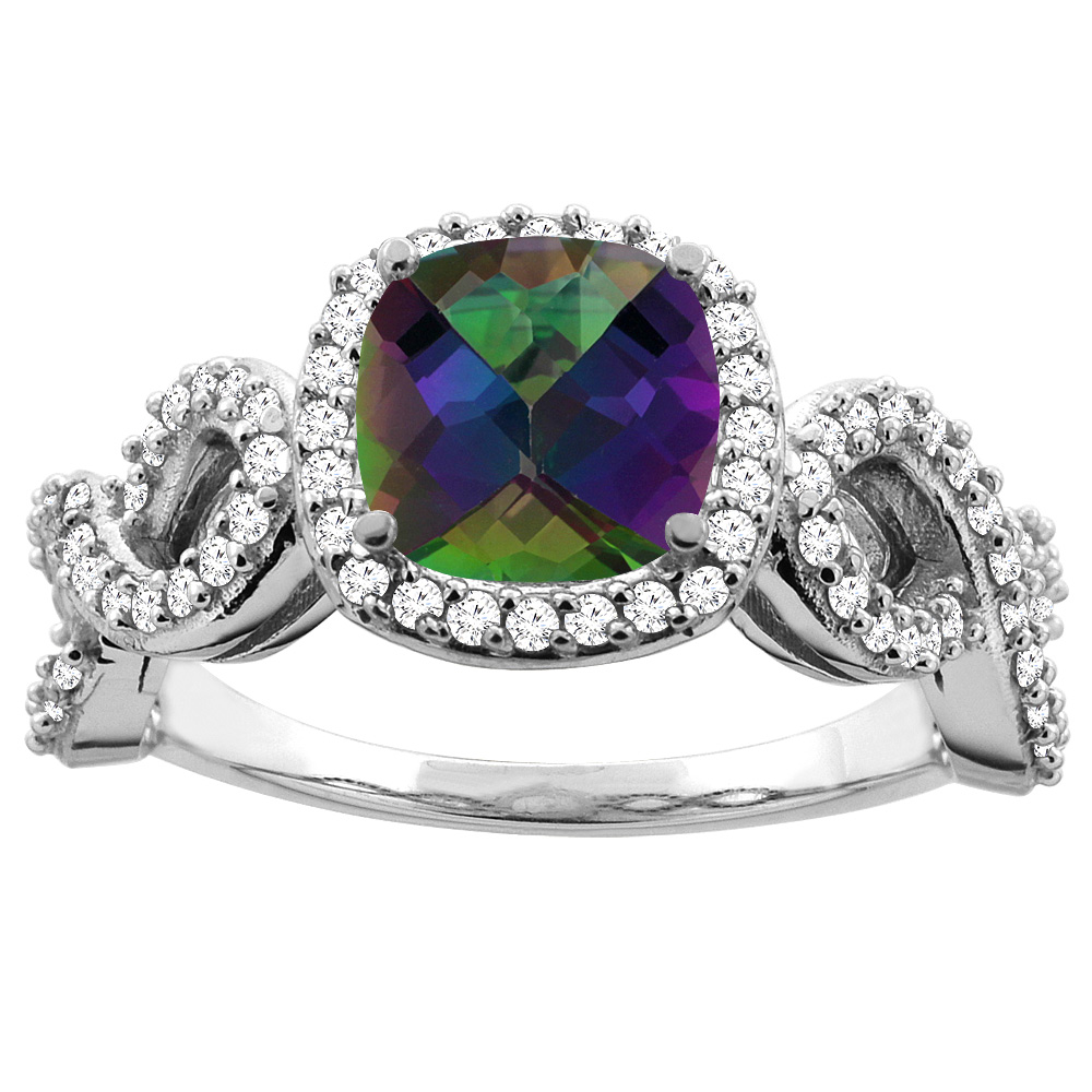 14K White Gold Natural 7mm Cushion Cut Mystic Topaz Engagement Ring for Women Eternity Pattern Diamond Accent sizes 5-10