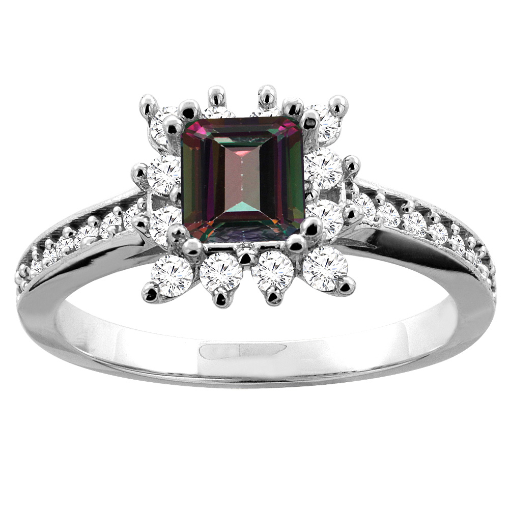 14K Yellow Gold Natural Mystic Topaz Engagement Ring Diamond Accents Square 5mm, sizes 5 - 10