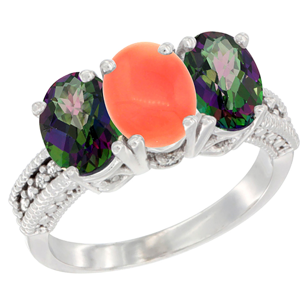 10K White Gold Natural Coral &amp; Mystic Topaz Sides Ring 3-Stone Oval 7x5 mm Diamond Accent, sizes 5 - 10