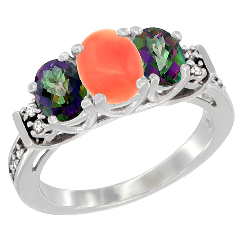 10K White Gold Natural Coral &amp; Mystic Topaz Ring 3-Stone Oval Diamond Accent, sizes 5-10