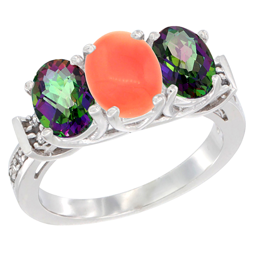 10K White Gold Natural Coral &amp; Mystic Topaz Sides Ring 3-Stone Oval Diamond Accent, sizes 5 - 10