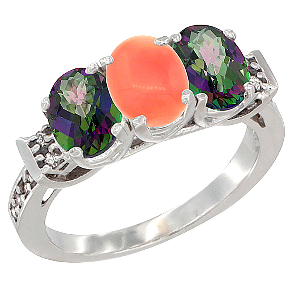 10K White Gold Natural Coral & Mystic Topaz Sides Ring 3-Stone Oval 7x5 mm Diamond Accent, sizes 5 - 10
