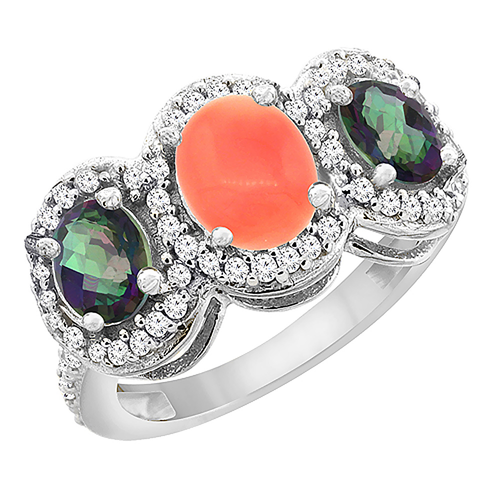 10K White Gold Natural Coral &amp; Mystic Topaz 3-Stone Ring Oval Diamond Accent, sizes 5 - 10