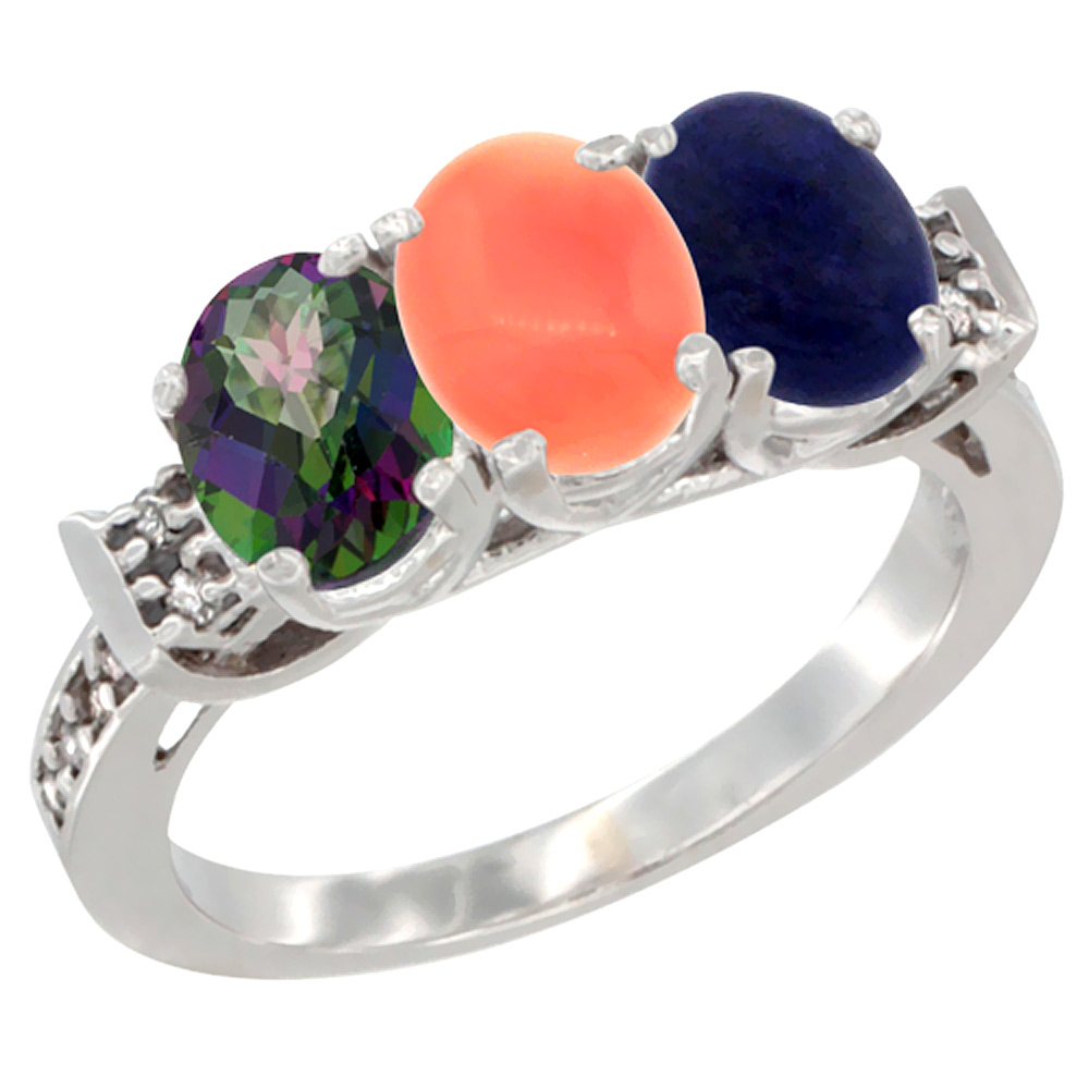 14K White Gold Natural Mystic Topaz, Coral &amp; Lapis Ring 3-Stone 7x5 mm Oval Diamond Accent, sizes 5 - 10