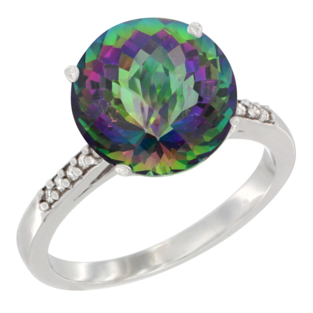 14K Yellow Gold Natural Mystic Topaz Ring Round 10mm Diamond accent, sizes 5 - 10