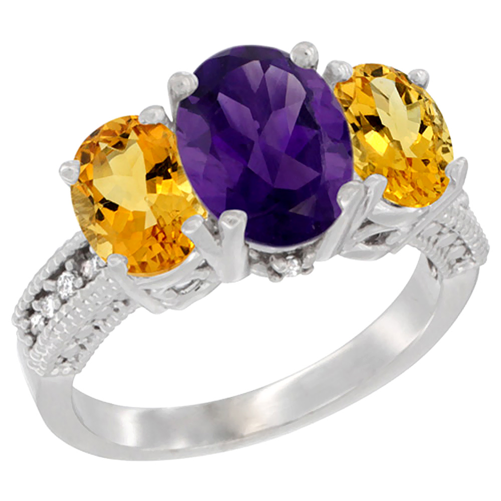 10K White Gold Diamond Natural Amethyst Ring 3-Stone Oval 8x6mm with Citrine, sizes5-10
