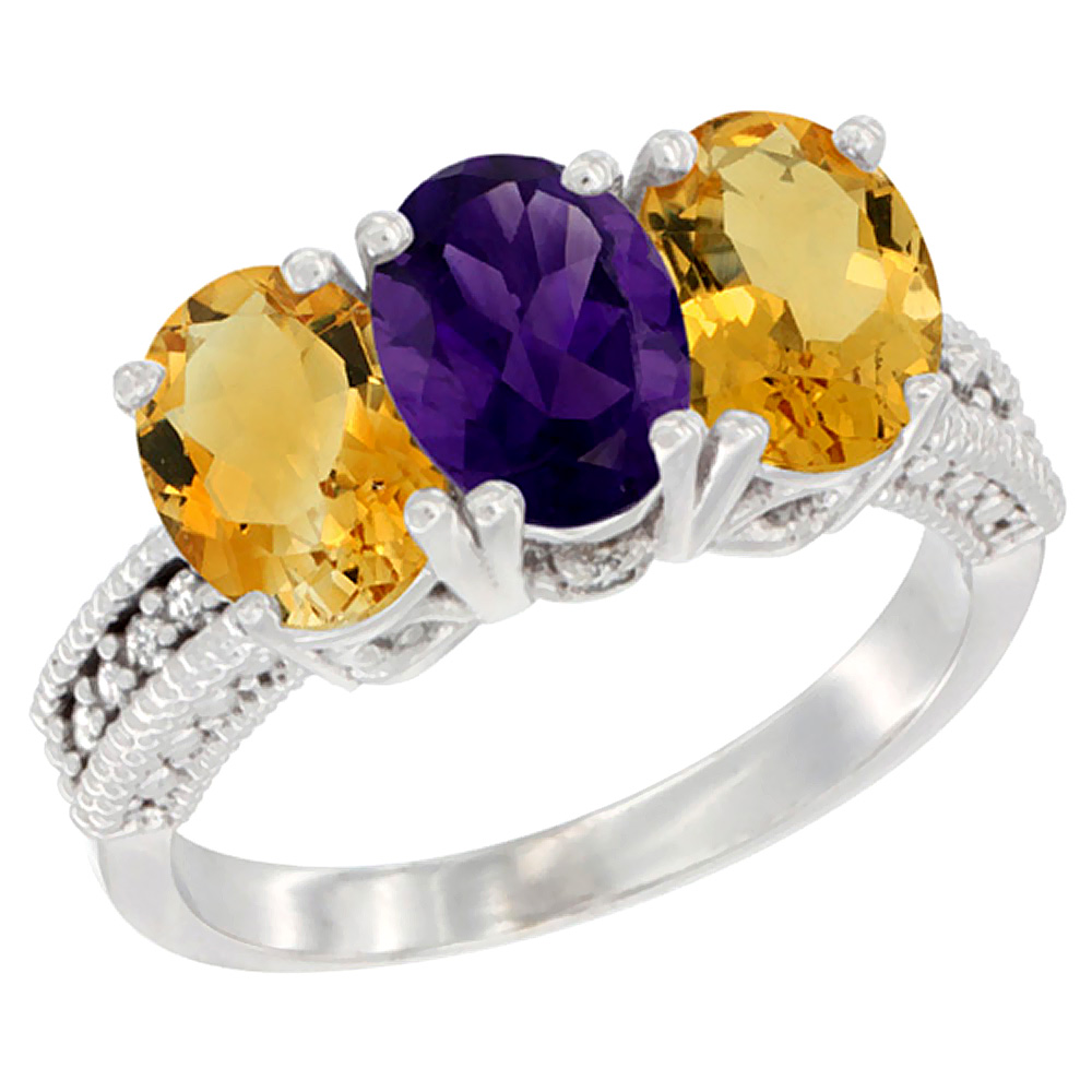 10K White Gold Natural Amethyst & Citrine Sides Ring 3-Stone Oval 7x5 mm Diamond Accent, sizes 5 - 10