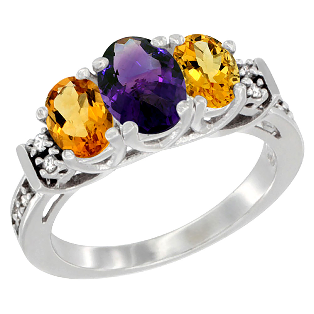 14K White Gold Natural Amethyst &amp; Citrine Ring 3-Stone Oval Diamond Accent, sizes 5-10