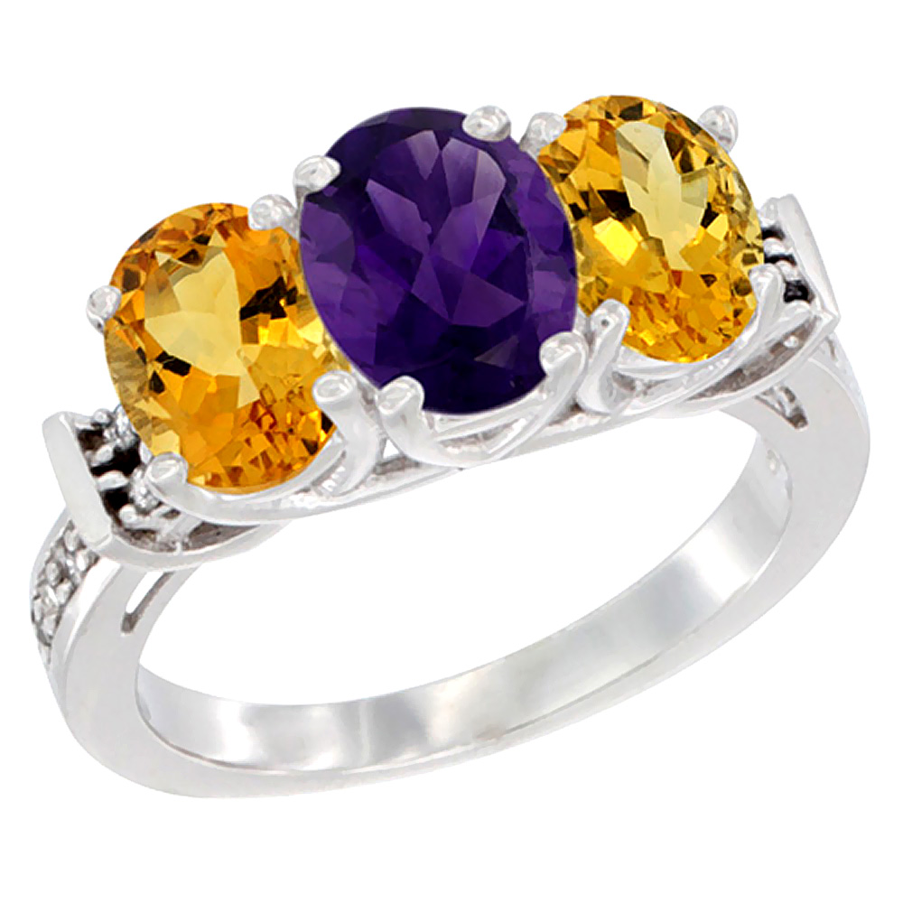 10K White Gold Natural Amethyst &amp; Citrine Sides Ring 3-Stone Oval Diamond Accent, sizes 5 - 10