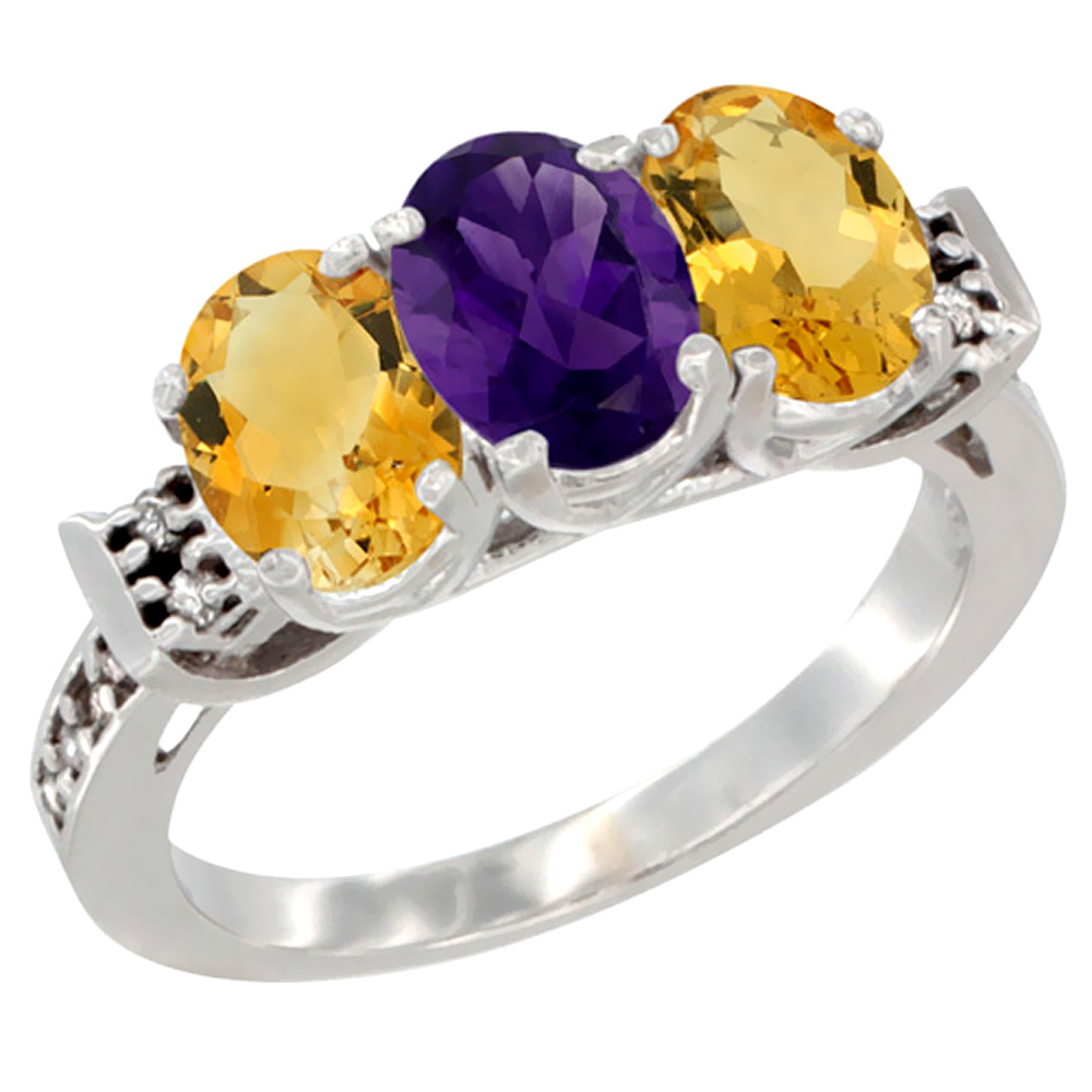 10K White Gold Natural Amethyst &amp; Citrine Sides Ring 3-Stone Oval 7x5 mm Diamond Accent, sizes 5 - 10