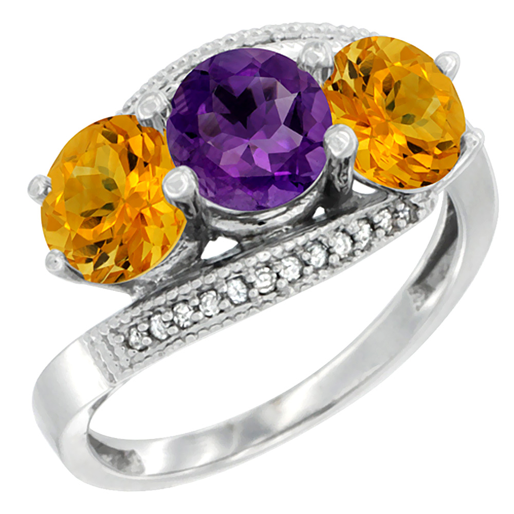 14K White Gold Natural Amethyst & Citrine Sides 3 stone Ring Round 6mm Diamond Accent, sizes 5 - 10