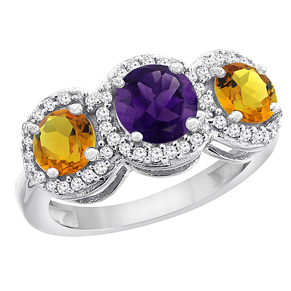 10K White Gold Natural Amethyst &amp; Citrine Sides Round 3-stone Ring Diamond Accents, sizes 5 - 10