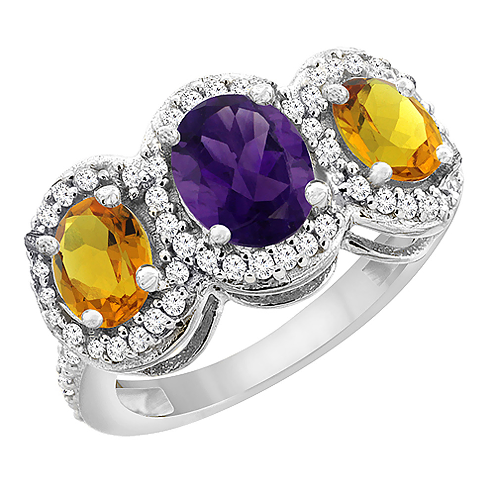 10K White Gold Natural Amethyst &amp; Citrine 3-Stone Ring Oval Diamond Accent, sizes 5 - 10
