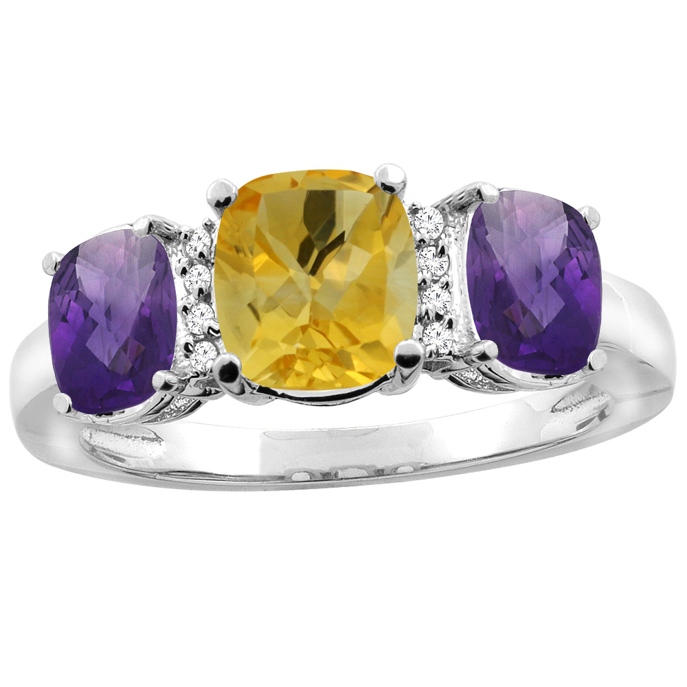 10K Yellow Gold Natural Citrine &amp; Amethyst 3-stone Ring Cushion 8x6mm Diamond Accent, sizes 5 - 10