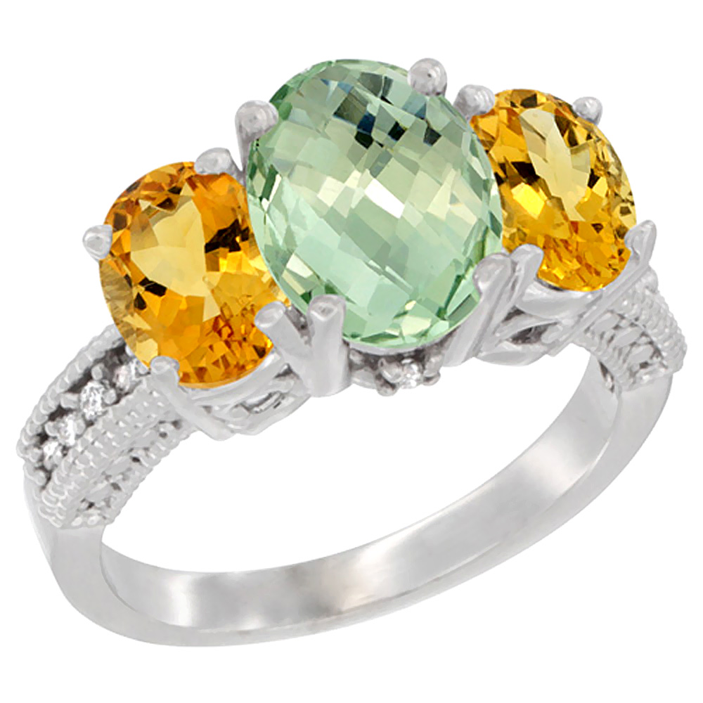 14K White Gold Diamond Natural Green Amethyst Ring 3-Stone Oval 8x6mm with Citrine, sizes5-10