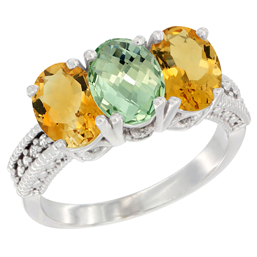 14K White Gold Natural Green Amethyst &amp; Citrine Sides Ring 3-Stone 7x5 mm Oval Diamond Accent, sizes 5 - 10