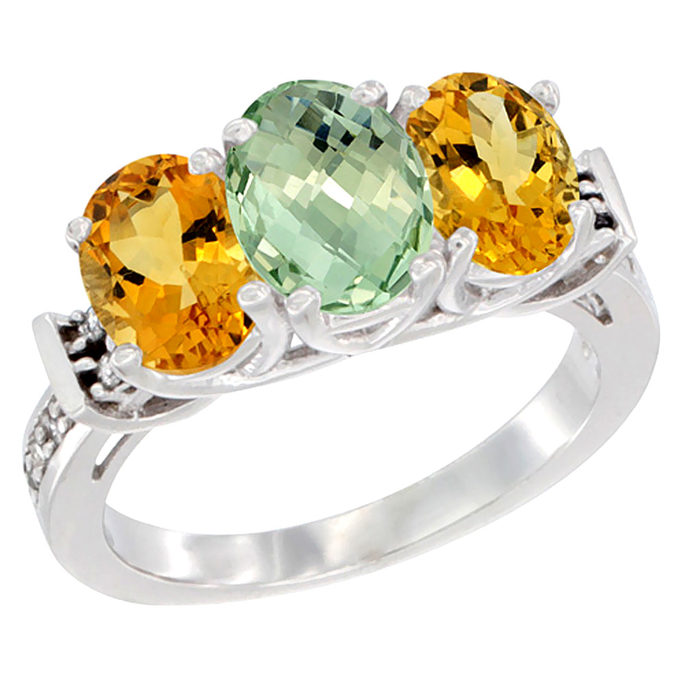 10K White Gold Natural Green Amethyst &amp; Citrine Sides Ring 3-Stone Oval Diamond Accent, sizes 5 - 10