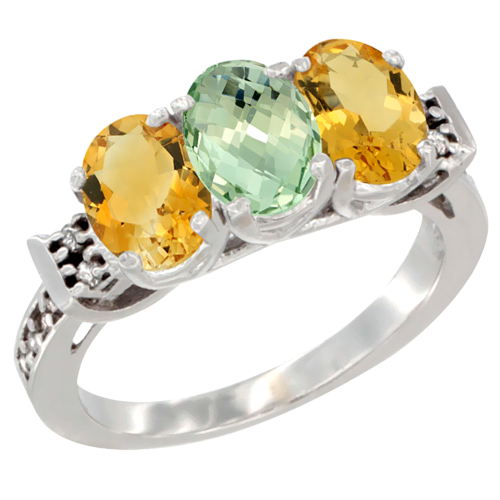 10K White Gold Natural Green Amethyst &amp; Citrine Sides Ring 3-Stone Oval 7x5 mm Diamond Accent, sizes 5 - 10