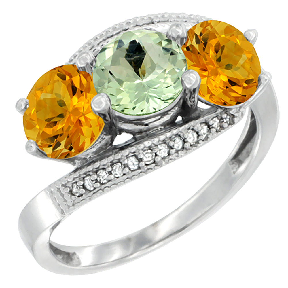 14K White Gold Natural Green Amethyst &amp; Citrine Sides 3 stone Ring Round 6mm Diamond Accent, sizes 5 - 10