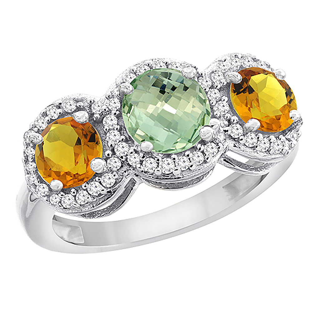 10K White Gold Natural Green Amethyst &amp; Citrine Sides Round 3-stone Ring Diamond Accents, sizes 5 - 10