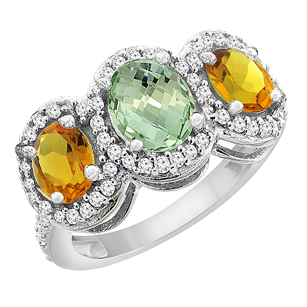 14K White Gold Natural Green Amethyst &amp; Citrine 3-Stone Ring Oval Diamond Accent, sizes 5 - 10