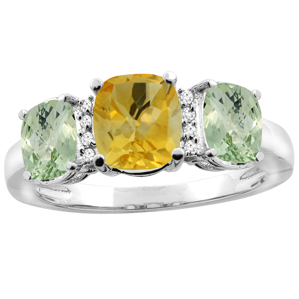 14K Yellow Gold Natural Citrine &amp; Green Amethyst 3-Stone Ring Cushion 8x6mm Diamond Accent, sizes 5 - 10