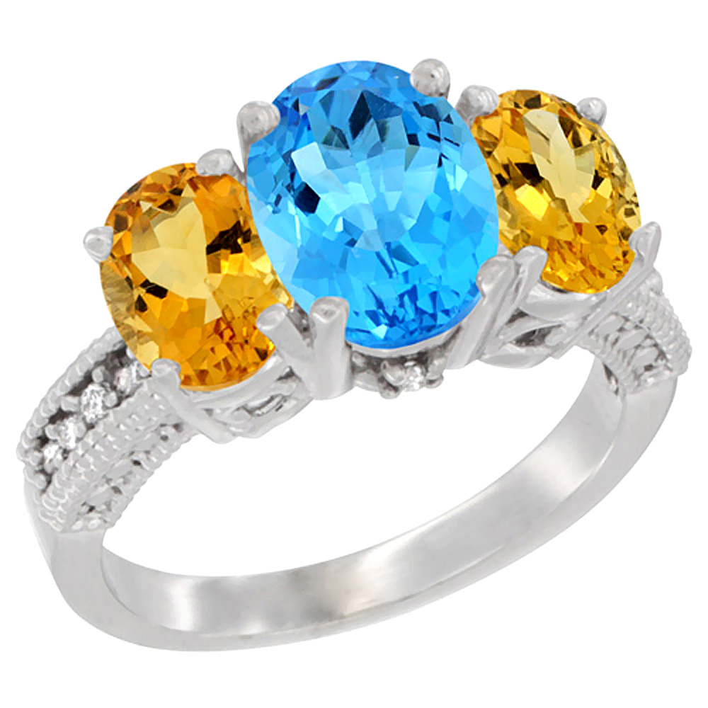 10K White Gold Diamond Natural Swiss Blue Topaz Ring 3-Stone Oval 8x6mm with Citrine, sizes5-10