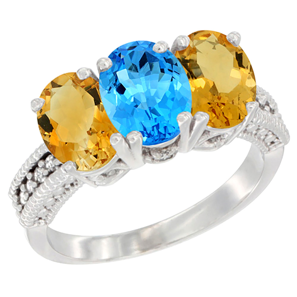 14K White Gold Natural Swiss Blue Topaz &amp; Citrine Sides Ring 3-Stone 7x5 mm Oval Diamond Accent, sizes 5 - 10