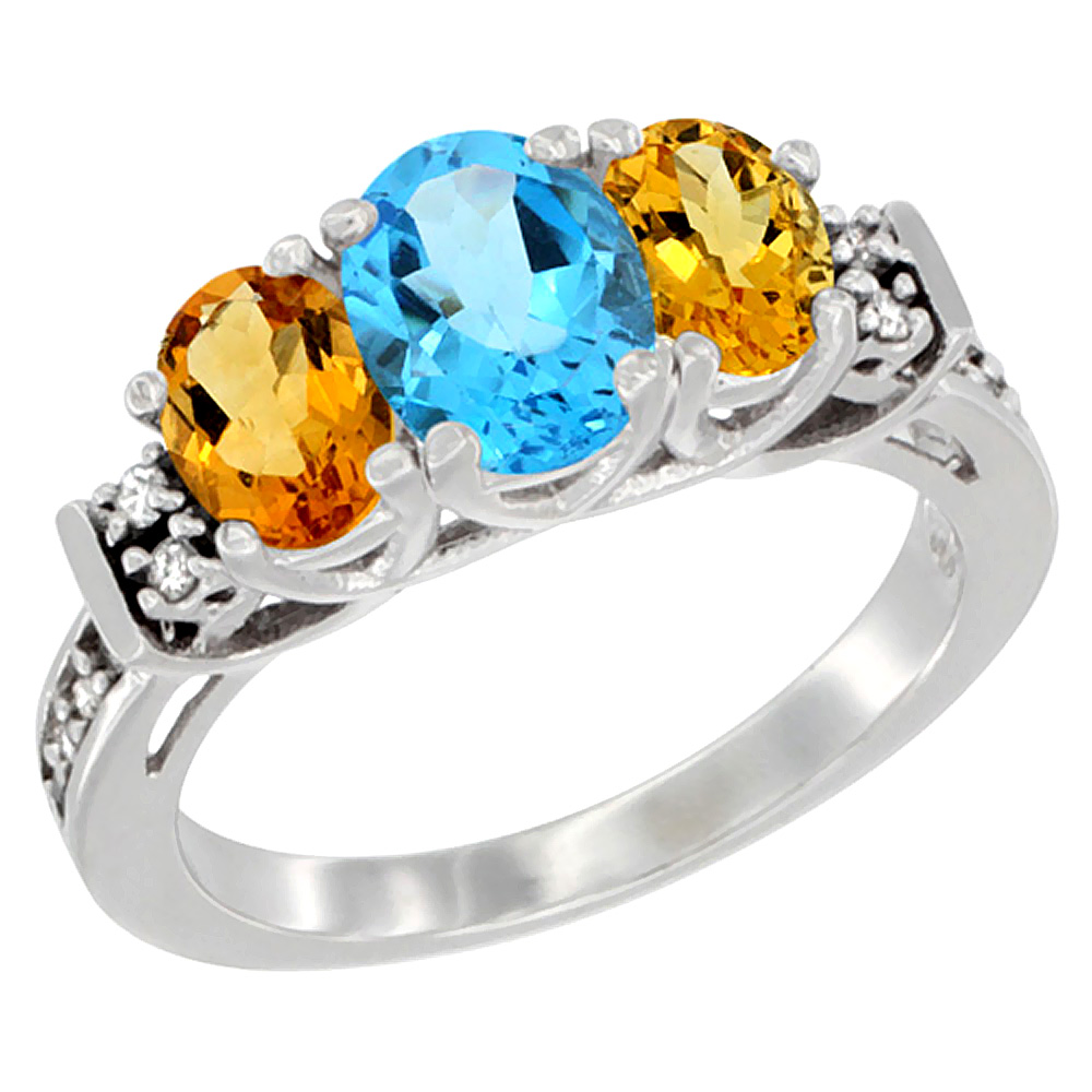 10K White Gold Natural Swiss Blue Topaz & Citrine Ring 3-Stone Oval Diamond Accent, sizes 5-10