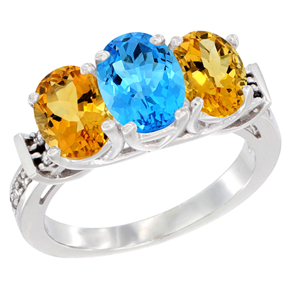 10K White Gold Natural Swiss Blue Topaz &amp; Citrine Sides Ring 3-Stone Oval Diamond Accent, sizes 5 - 10