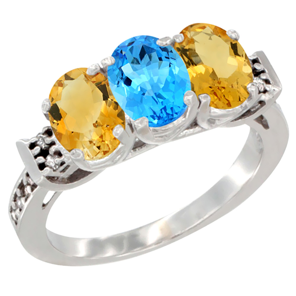 14K White Gold Natural Swiss Blue Topaz &amp; Citrine Sides Ring 3-Stone 7x5 mm Oval Diamond Accent, sizes 5 - 10