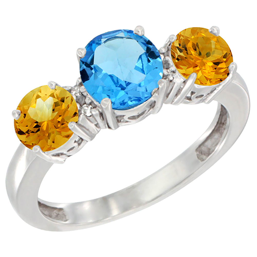 10K White Gold Round 3-Stone Natural Swiss Blue Topaz Ring &amp; Citrine Sides Diamond Accent, sizes 5 - 10