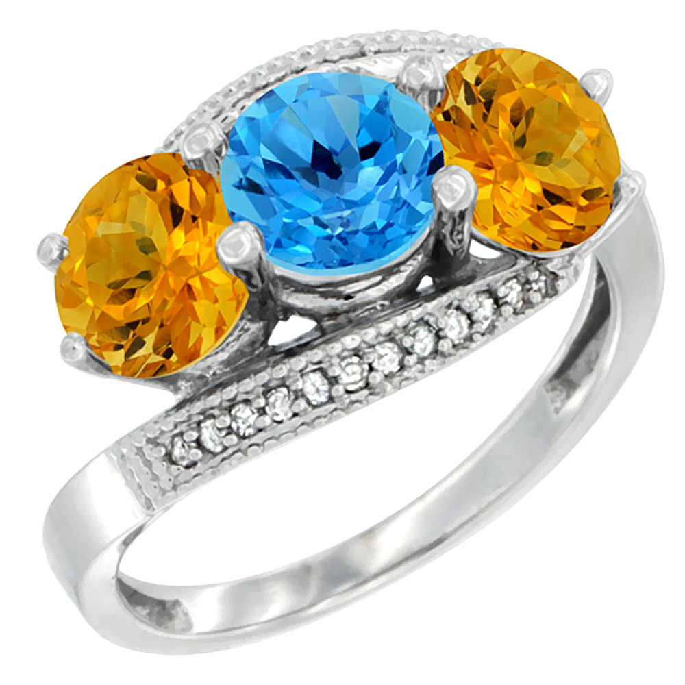 10K White Gold Natural Swiss Blue Topaz & Citrine Sides 3 stone Ring Round 6mm Diamond Accent, sizes 5 - 10