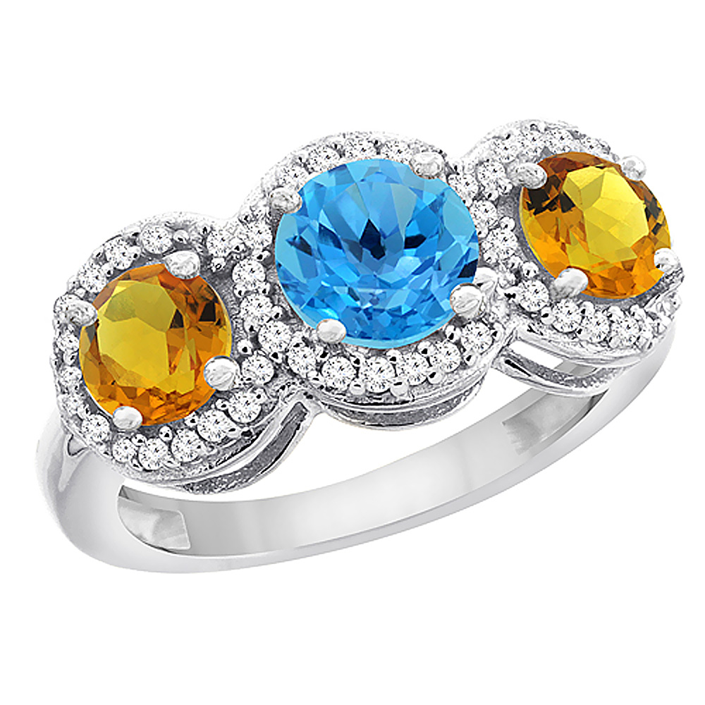 14K White Gold Natural Swiss Blue Topaz & Citrine Sides Round 3-stone Ring Diamond Accents, sizes 5 - 10