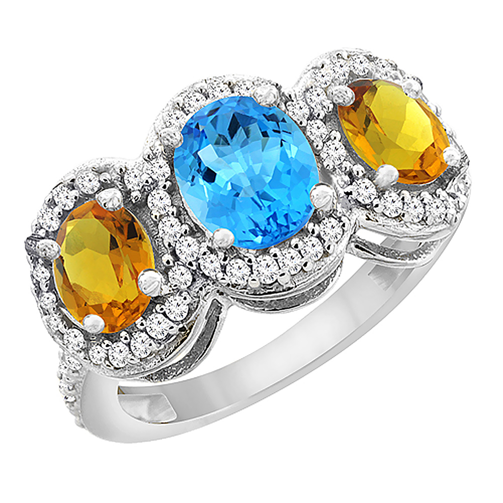 14K White Gold Natural Swiss Blue Topaz & Citrine 3-Stone Ring Oval Diamond Accent, sizes 5 - 10