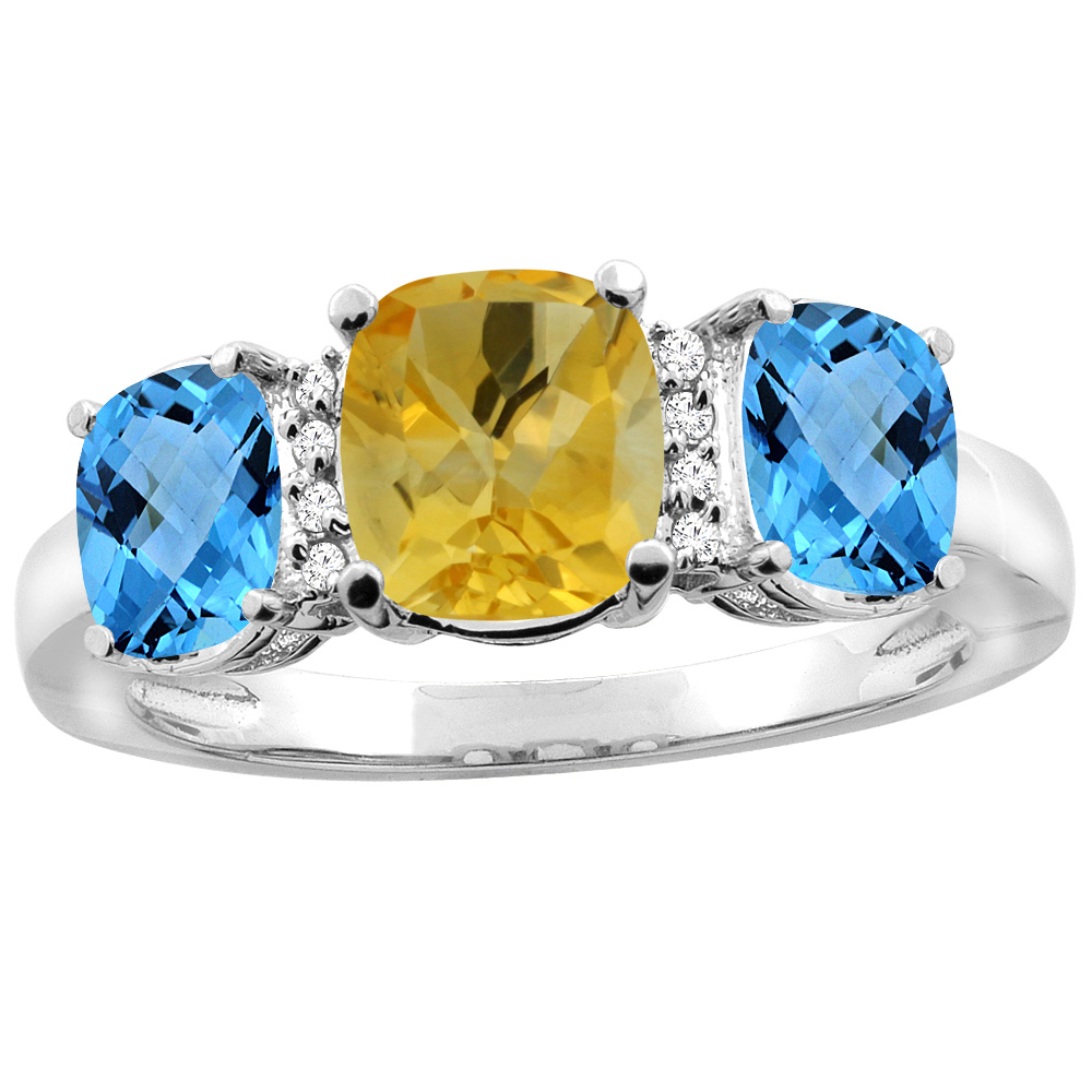 14K Yellow Gold Natural Citrine & Swiss Blue Topaz 3-stone Ring Cushion 8x6mm Diamond Accent, sizes 5 - 10