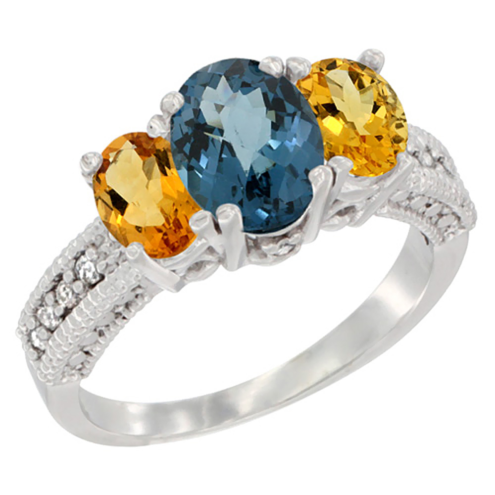 14K White Gold Diamond Natural London Blue Topaz Ring Oval 3-stone with Citrine, sizes 5 - 10