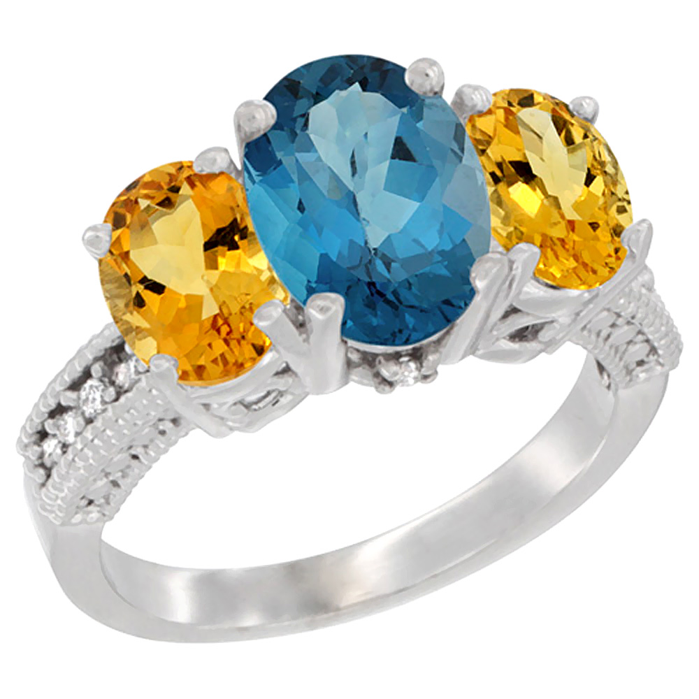 14K White Gold Diamond Natural London Blue Topaz Ring 3-Stone Oval 8x6mm with Citrine, sizes5-10