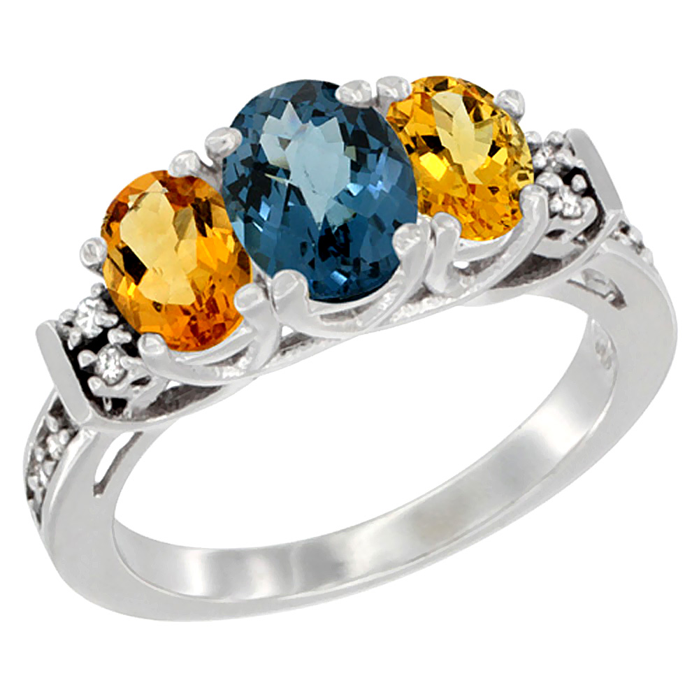 14K White Gold Natural London Blue Topaz & Citrine Ring 3-Stone Oval Diamond Accent, sizes 5-10