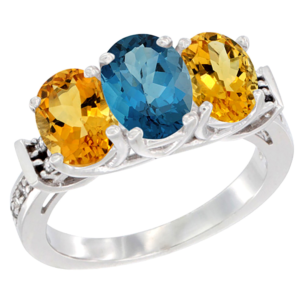 14K White Gold Natural London Blue Topaz &amp; Citrine Sides Ring 3-Stone Oval Diamond Accent, sizes 5 - 10
