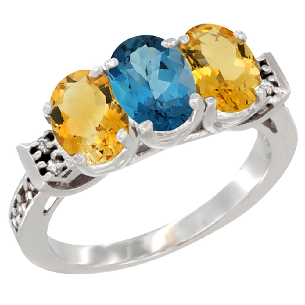 14K White Gold Natural London Blue Topaz & Citrine Sides Ring 3-Stone 7x5 mm Oval Diamond Accent, sizes 5 - 10