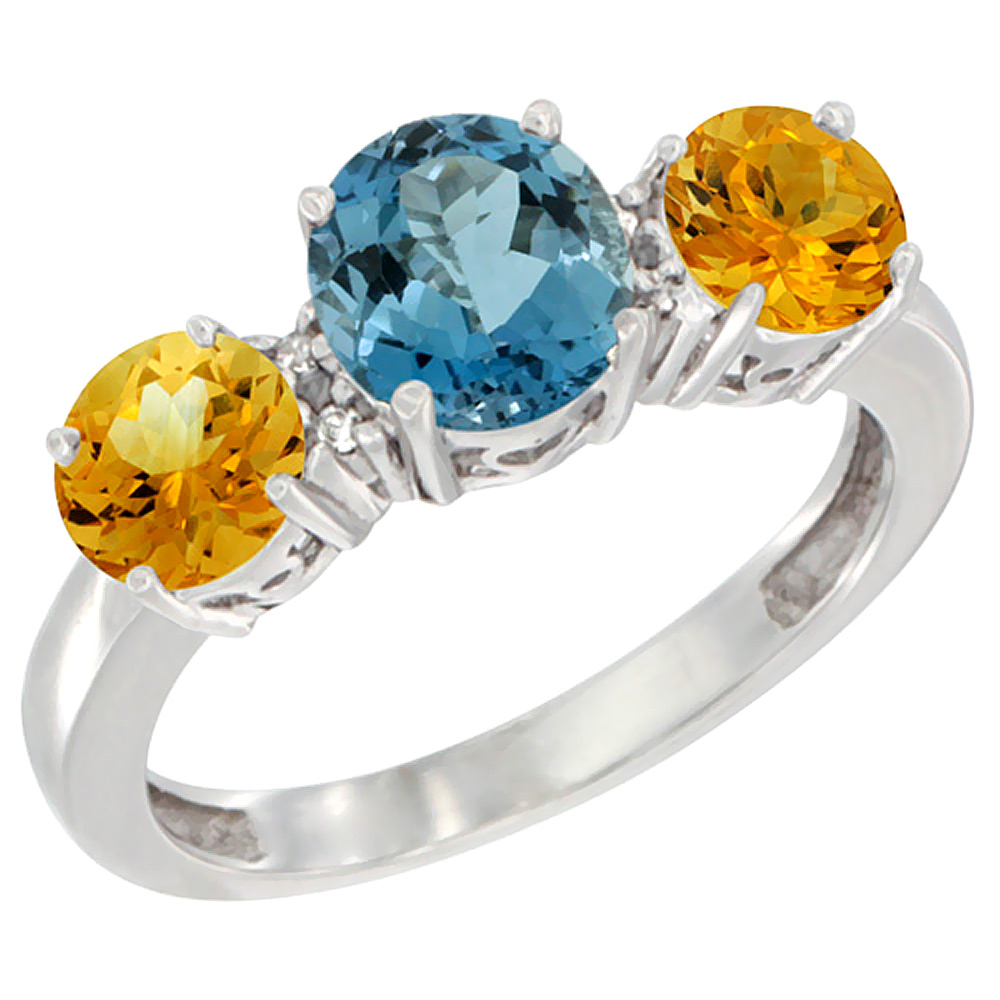 10K White Gold Round 3-Stone Natural London Blue Topaz Ring &amp; Citrine Sides Diamond Accent, sizes 5 - 10