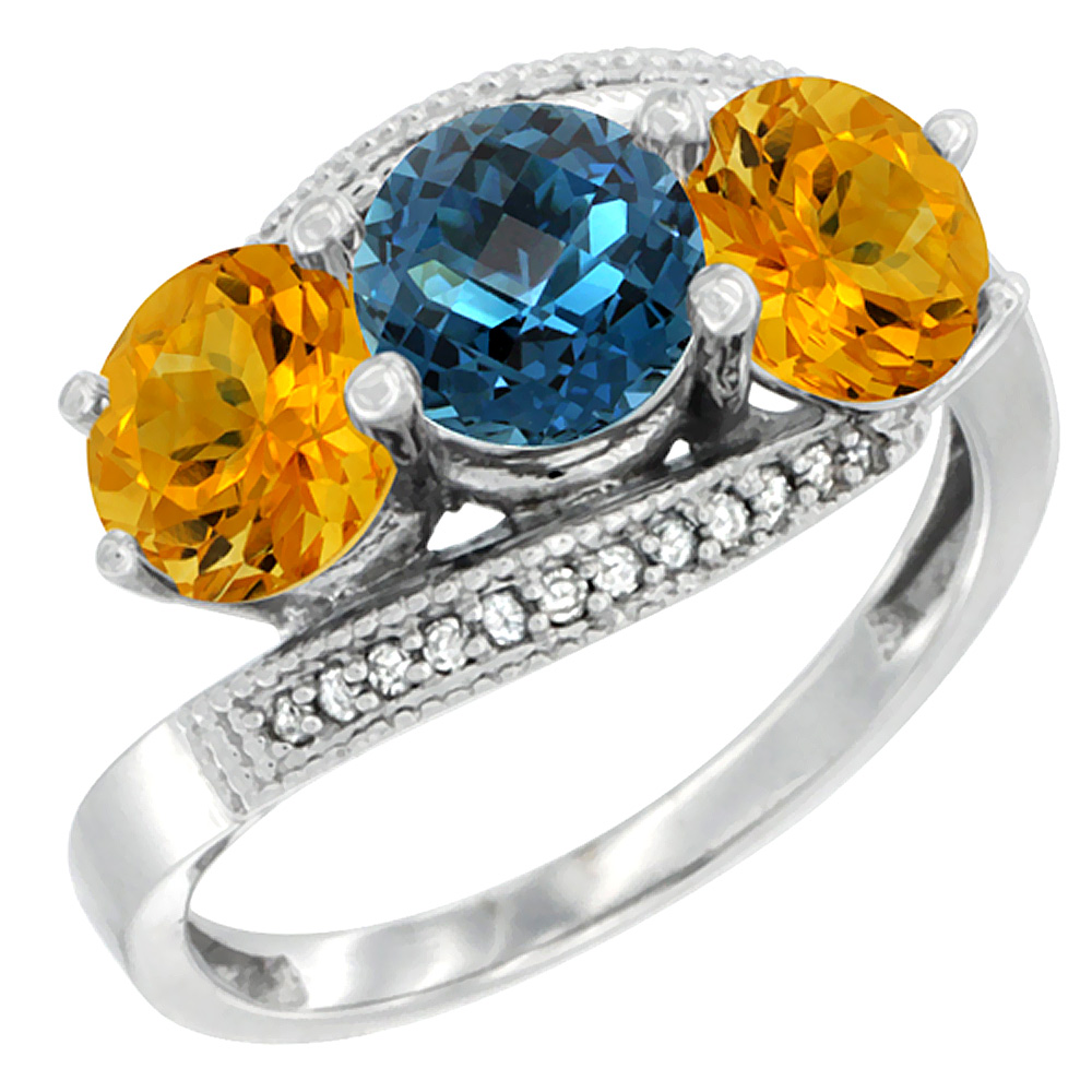 14K White Gold Natural London Blue Topaz &amp; Citrine Sides 3 stone Ring Round 6mm Diamond Accent, sizes 5 - 10