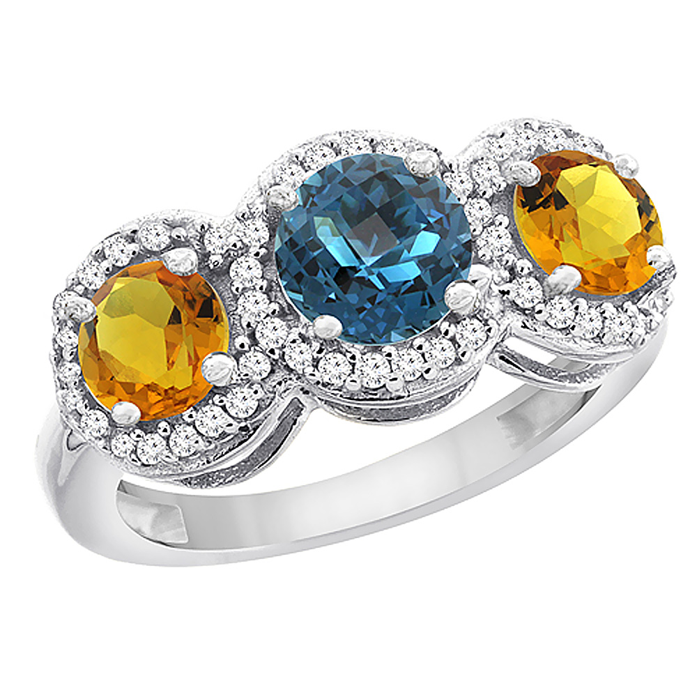 14K White Gold Natural London Blue Topaz &amp; Citrine Sides Round 3-stone Ring Diamond Accents, sizes 5 - 10